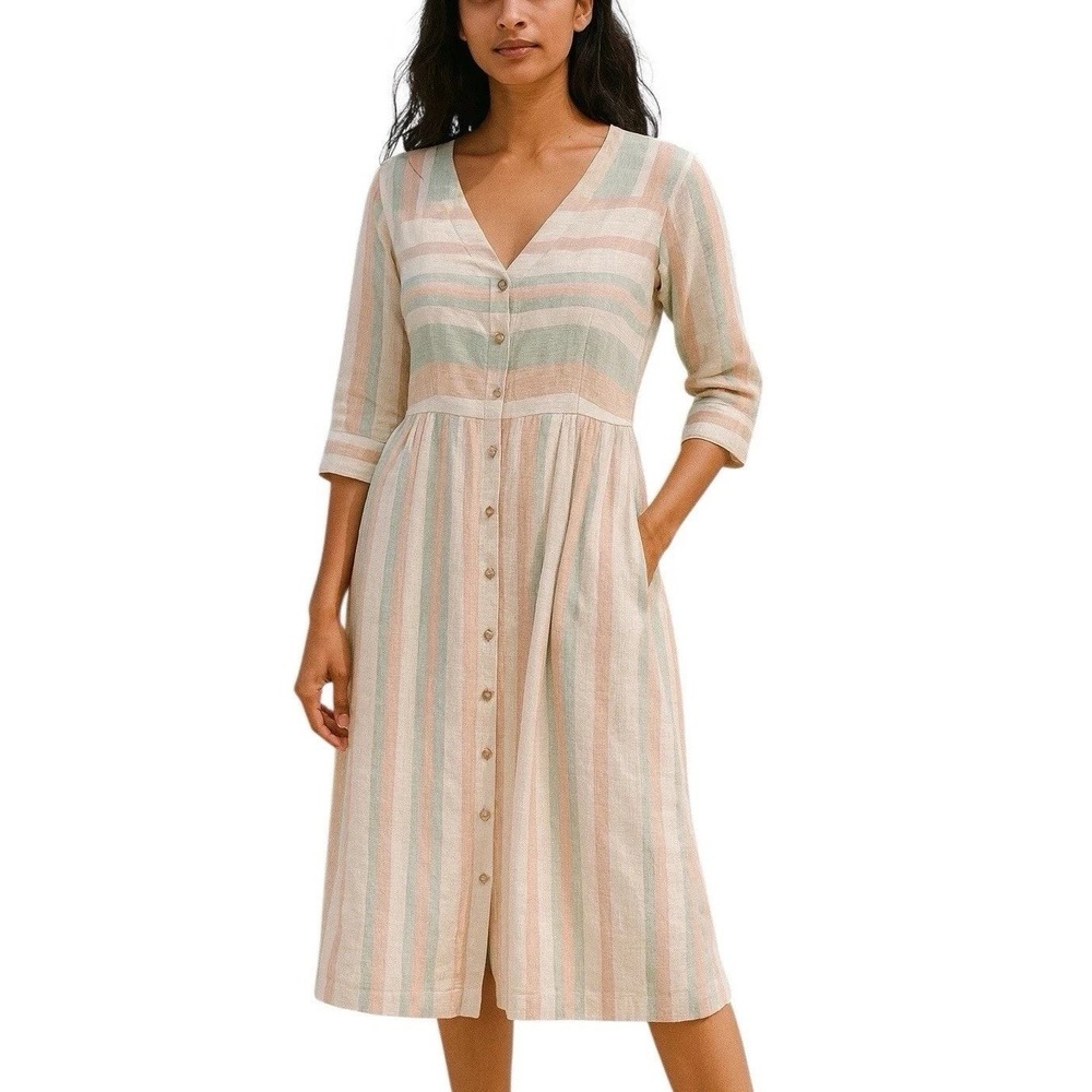 Soft Surroundings Arcata Linen Blend Maxi Dress Striped‎ Button-Up Belted Sz XL